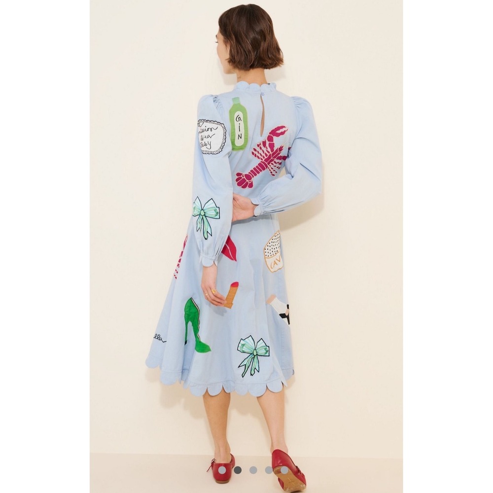 Anthropologie x Stella Nova Circus Midi Dress Blue Scalloped Embroidered Lobster - Picture 3 of 4